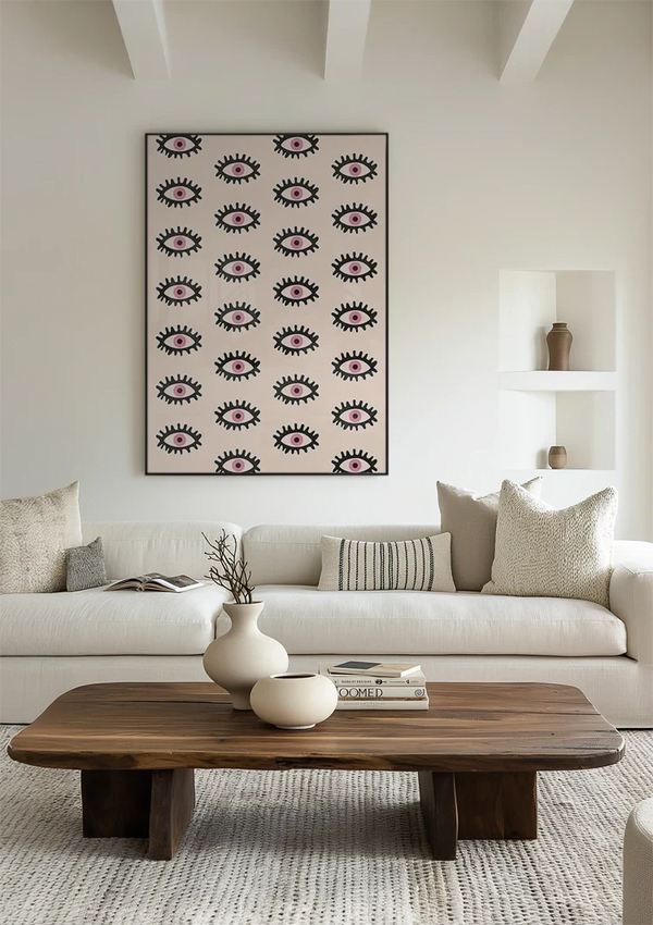 Oogmotief Roze Irissen Zwarte Wimpers Patroon Lichtroze Schilderij