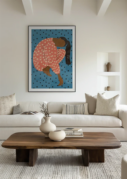 Posing Woman Red Polka Dot Dress Blue Background Graphic Painting