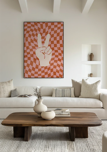 Peace Sign Hand Orange Pink Retro Checkered Painting