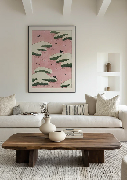 Japanisches Rosa Himmel Grüne Wolken Schwarze Vögel Gemälde