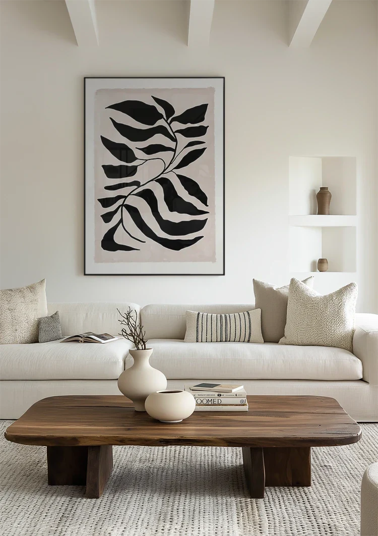 Graphic Sheet Black White Wavy Leaves Cream Background Painting