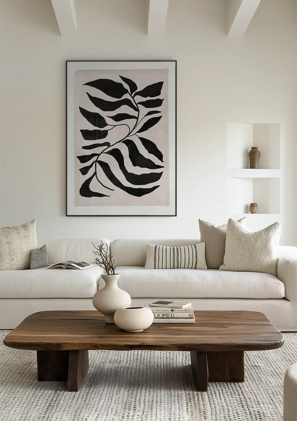 Graphic Sheet Black White Wavy Leaves Cream Background Painting