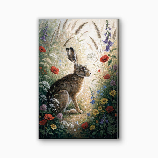 Haas in de bloemenwei canvas schilderij in warmbruin en frisgroen
