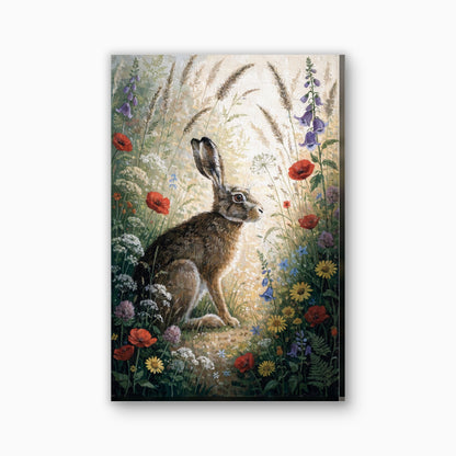 Haas in de bloemenwei canvas schilderij in warmbruin en frisgroen