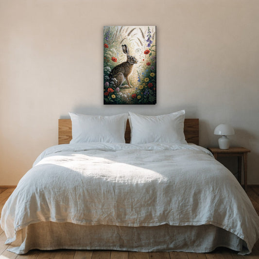 Haas in de bloemenwei canvas schilderij aan de muur boven het bed in de slaapkamer