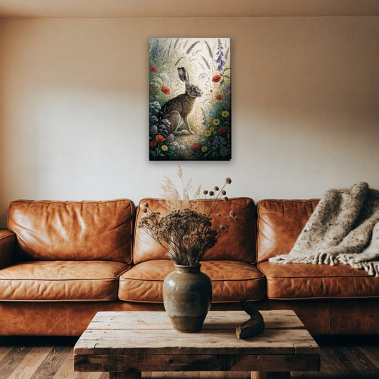 Haas in de bloemenwei canvas schilderij aan de muur boven de bank in een landelijke woonkamer