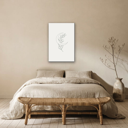 Halve maan met botanische tak canvas schilderij aan de muur boven het bed in de slaapkamer
