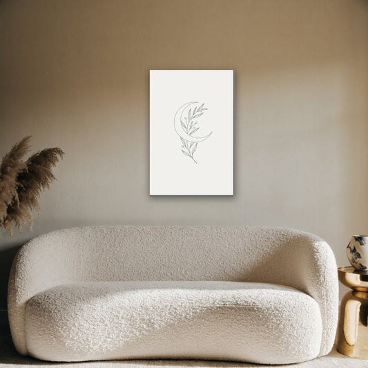 Halve maan met botanische tak canvas schilderij aan de muur boven de bank in de woonkamer