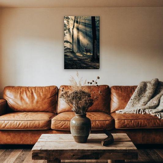 Hert in het mistige bos canvas schilderij aan de muur boven de bank in een landelijke woonkamer