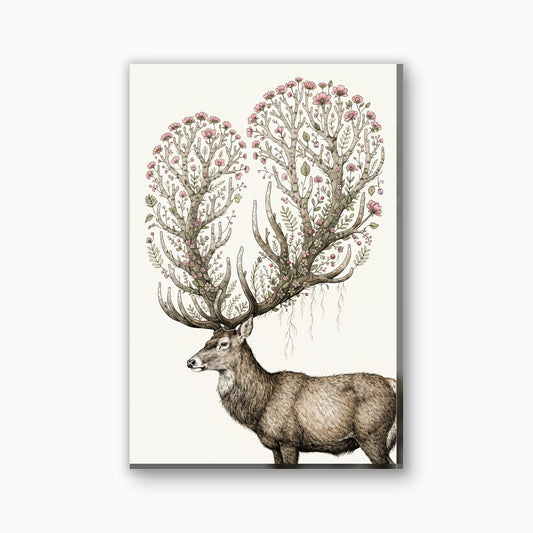 Hert met bloeiend gewei canvas schilderij in zachtbruin en roze