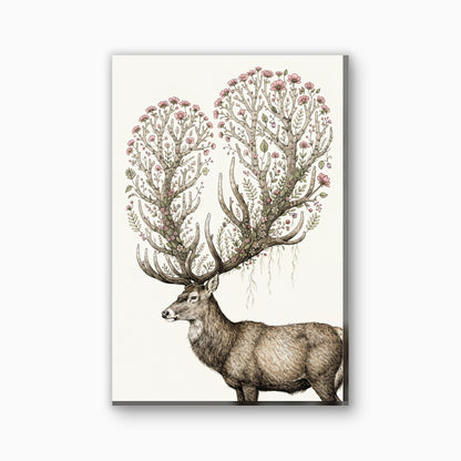 Hert met bloeiend gewei canvas schilderij in zachtbruin en roze