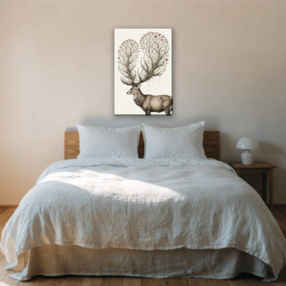Hert met bloeiend gewei canvas schilderij aan de muur boven het bed in de slaapkamer