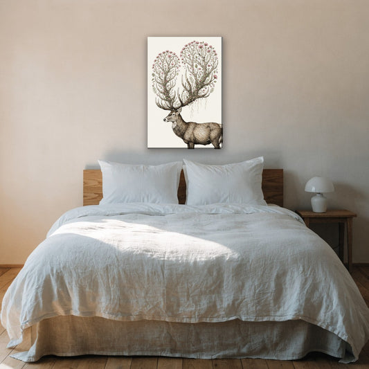 Hert met bloeiend gewei canvas schilderij aan de muur boven het bed in de slaapkamer