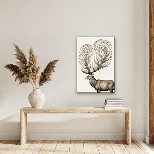 Hert met bloeiend gewei canvas schilderij aan de muur in de hal boven een houten bank