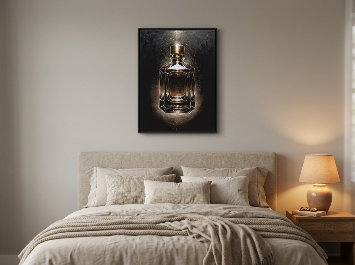 Gouden flacon canvas schilderij boven het bed in de slaapkamer