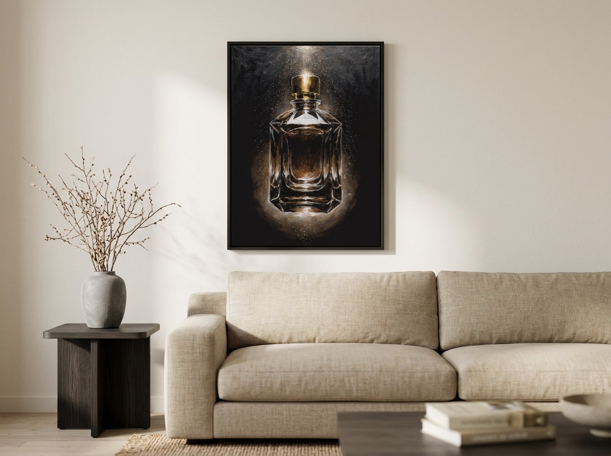 Gouden flacon canvas schilderij boven een bank in de woonkamer