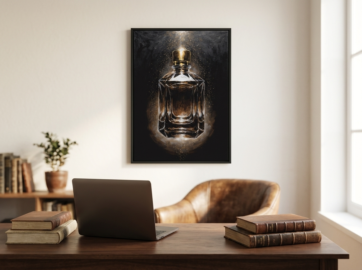 Gouden flacon canvas schilderij boven een bureau in de werkkamer