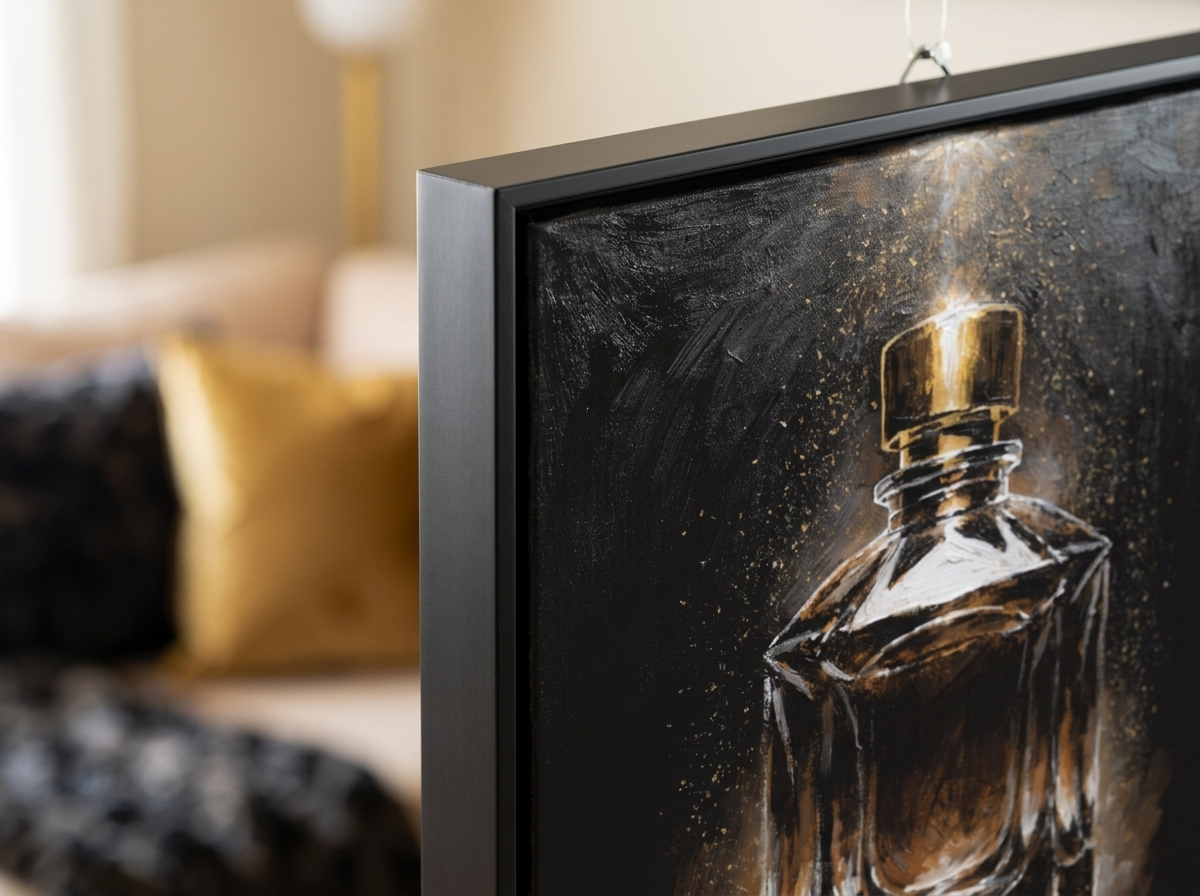 Detail van de rand en lijst van het gouden flacon canvas schilderij