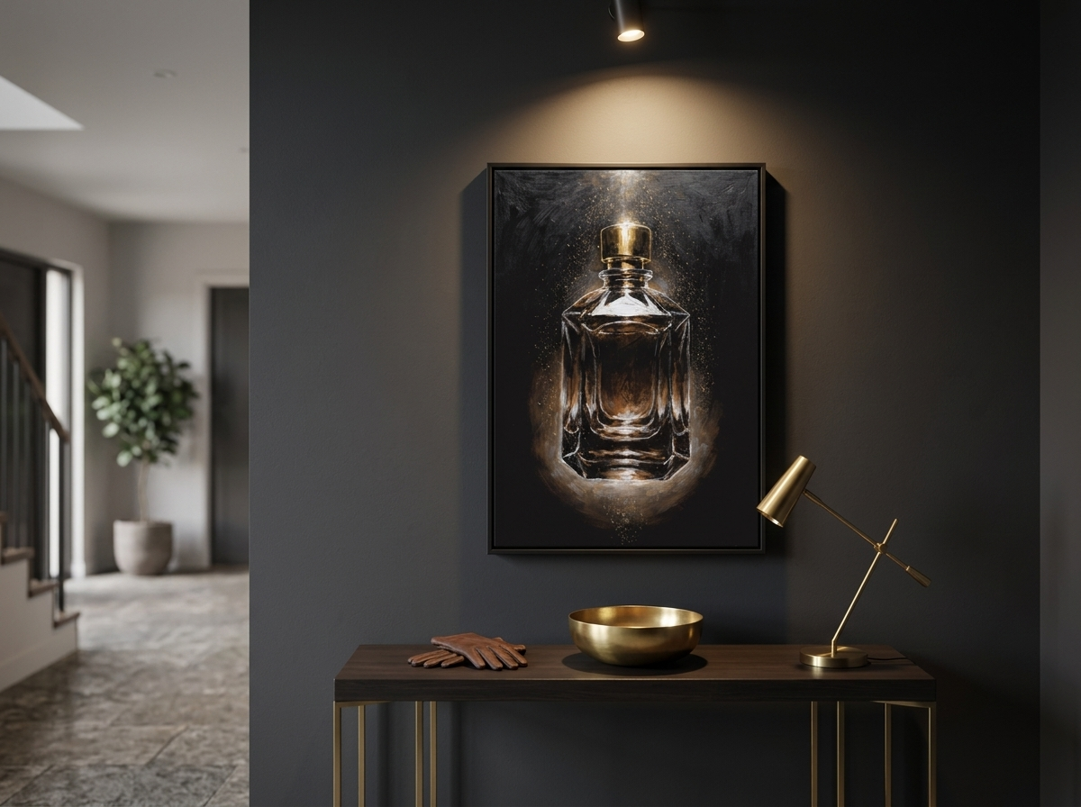 Gouden flacon canvas schilderij in de hal boven een sidetable