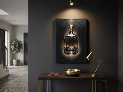 Gouden flacon canvas schilderij in de hal boven een sidetable