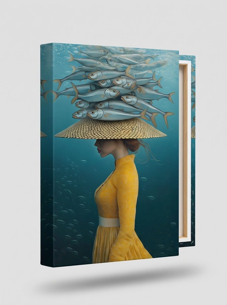 Vrouw gele jurk vis surrealistisch canvas schilderij