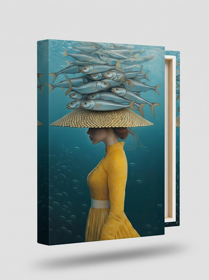 Vrouw gele jurk vis surrealistisch canvas schilderij