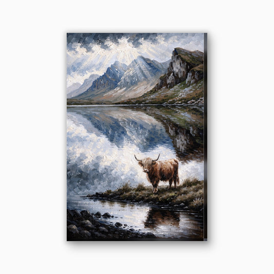 Hooglander bij een Schots meer canvas schilderij in blauwgrijs en bruin