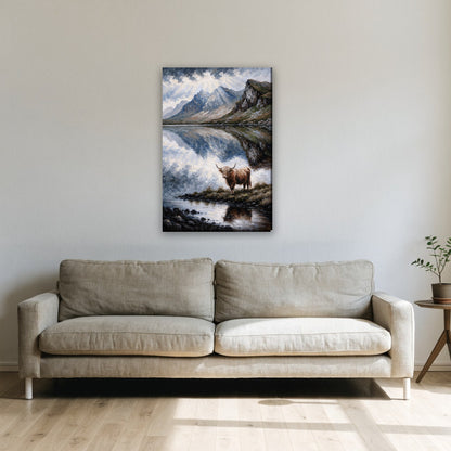 Hooglander bij een Schots meer canvas schilderij aan de muur boven de bank in de woonkamer