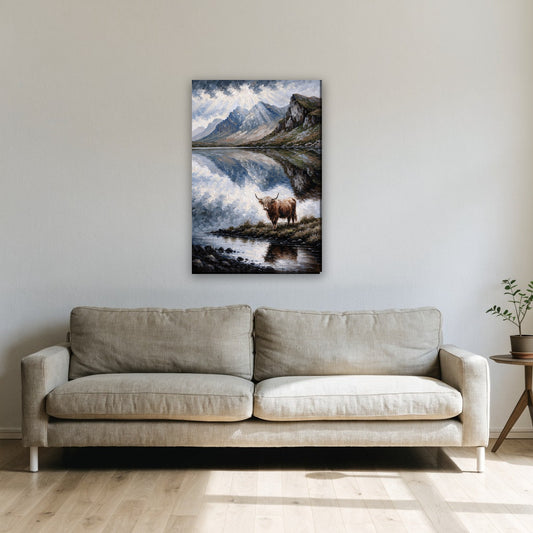 Hooglander bij een Schots meer canvas schilderij aan de muur boven de bank in de woonkamer