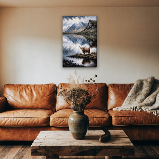 Hooglander bij een Schots meer canvas schilderij aan de muur boven de bank in een landelijke woonkamer