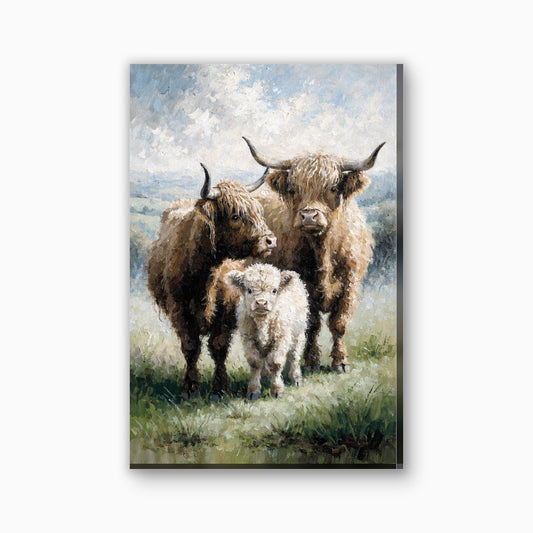 Hooglander familie canvas schilderij in warmbruin en groen