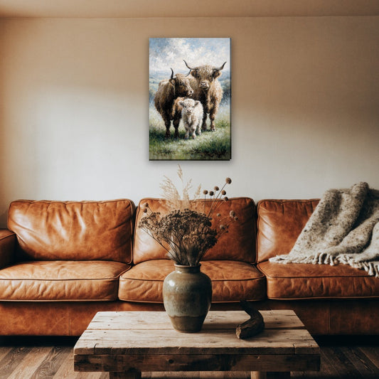 Hooglander familie canvas schilderij aan de muur boven de bank in een landelijke woonkamer