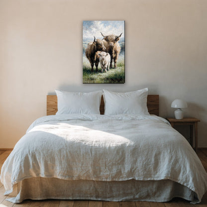 Hooglander familie canvas schilderij aan de muur boven het bed in de slaapkamer