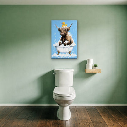Hooglander in bad canvas schilderij aan de muur boven het toilet