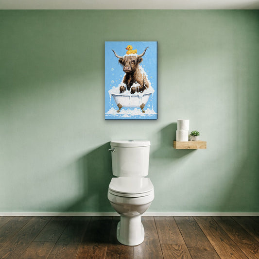 Hooglander in bad canvas schilderij aan de muur boven het toilet