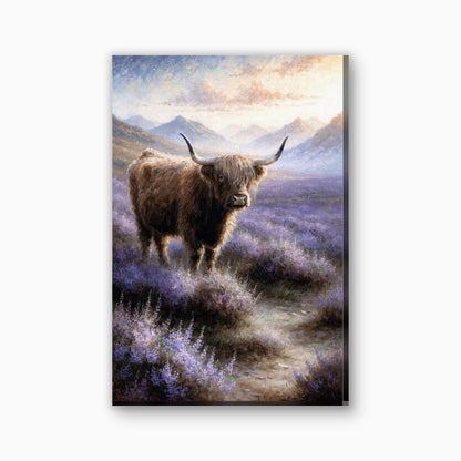 Hooglander in de heide canvas schilderij in paars en goudgeel
