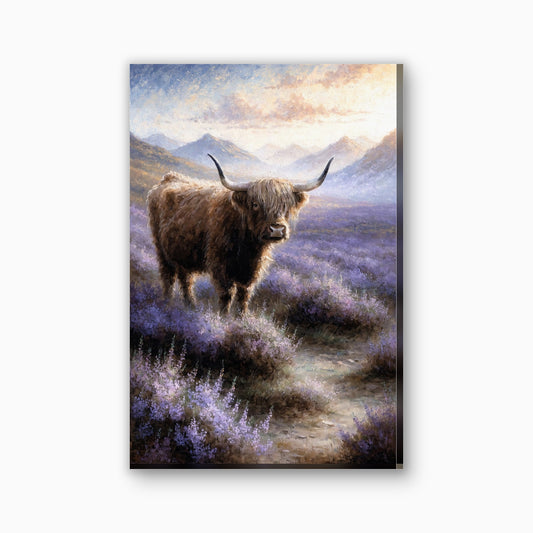 Hooglander in de heide canvas schilderij in paars en goudgeel