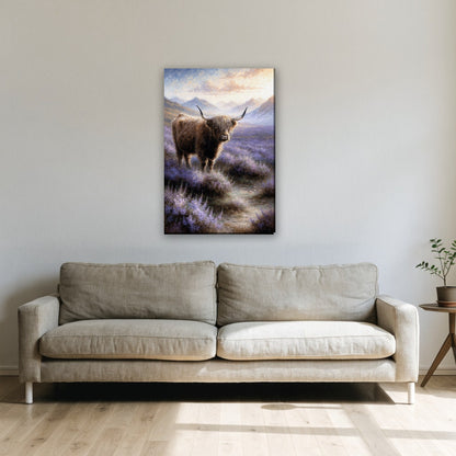 Hooglander in de heide canvas schilderij aan de muur boven de bank in de woonkamer