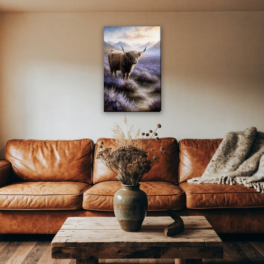 Hooglander in de heide canvas schilderij aan de muur boven de bank in een landelijke woonkamer