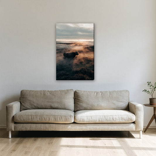 Hooglander in de mist canvas schilderij aan de muur boven de bank in de woonkamer