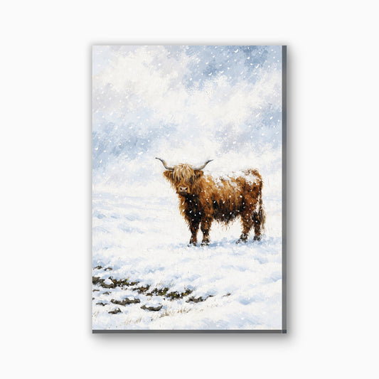 Hooglander in de sneeuw canvas schilderij in wit en gember