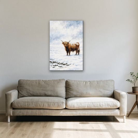 Hooglander in de sneeuw canvas schilderij aan de muur boven de bank in de woonkamer