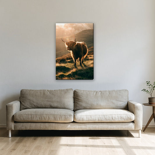 Hooglander in gouden avondlicht canvas schilderij aan de muur boven de bank in de woonkamer