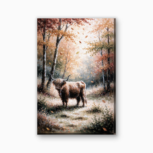 Hooglander in herfstkleuren canvas schilderij in oranje en amber