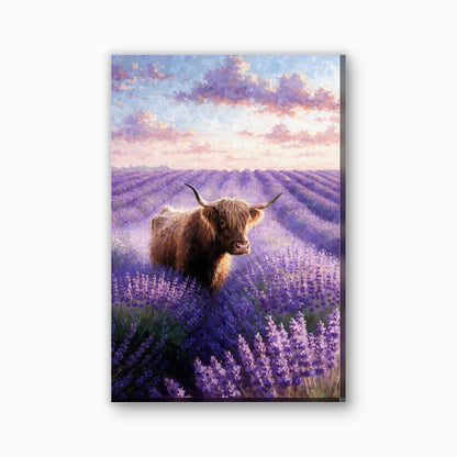 Hooglander in lavendelveld canvas schilderij in lavendelpaars en zachtroze
