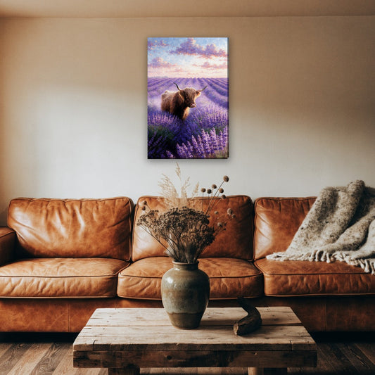 Hooglander in lavendelveld canvas schilderij aan de muur boven de bank in een landelijke woonkamer