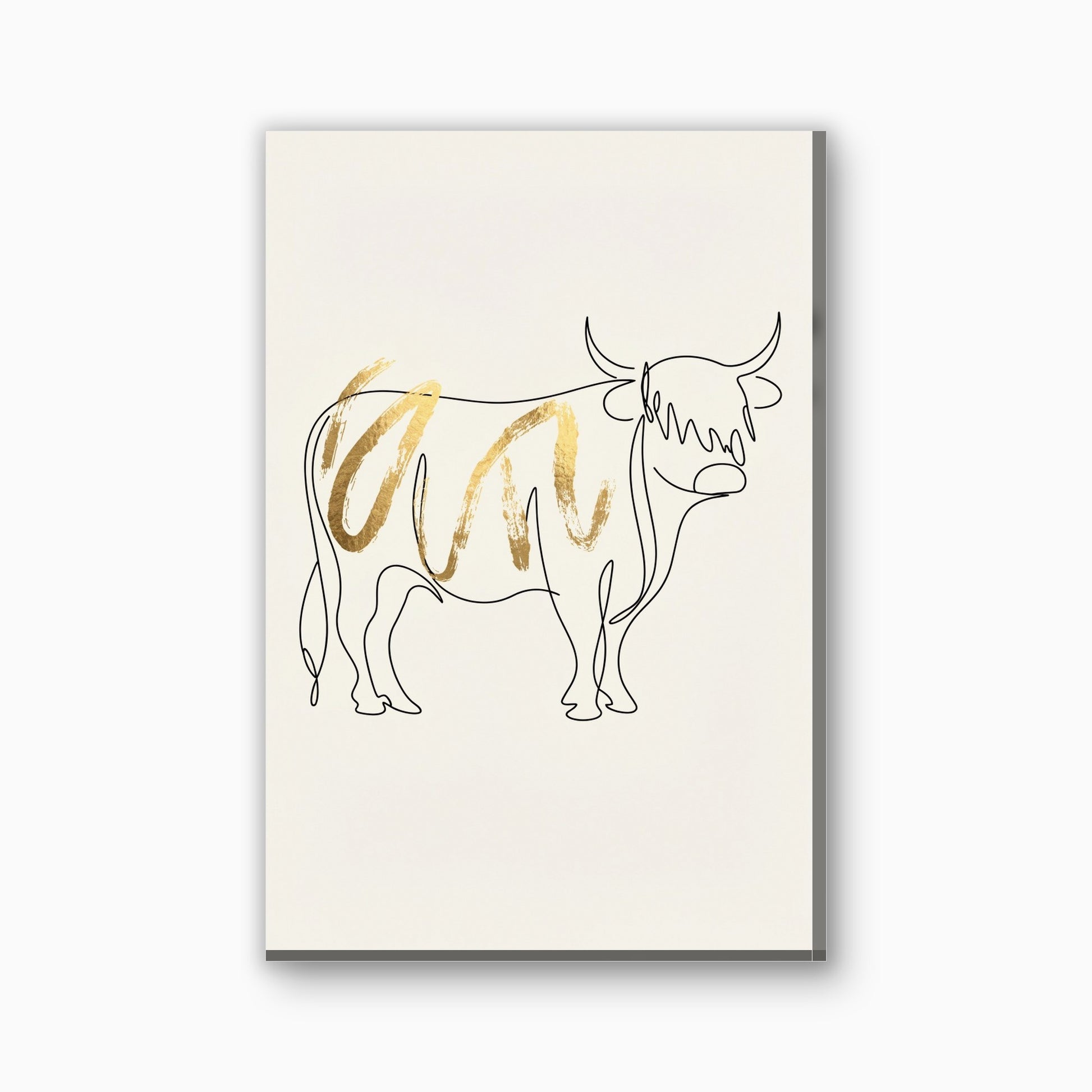 Highland cow line art with gold canvas painting in black and gold
