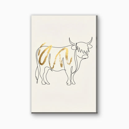 Highland cow line art with gold canvas painting in black and gold