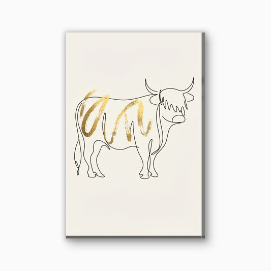Hooglander in lijntekening met goud canvas schilderij in zwart en goud