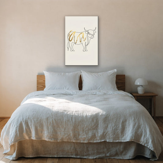Hooglander in lijntekening met goud canvas schilderij aan de muur boven het bed in de slaapkamer